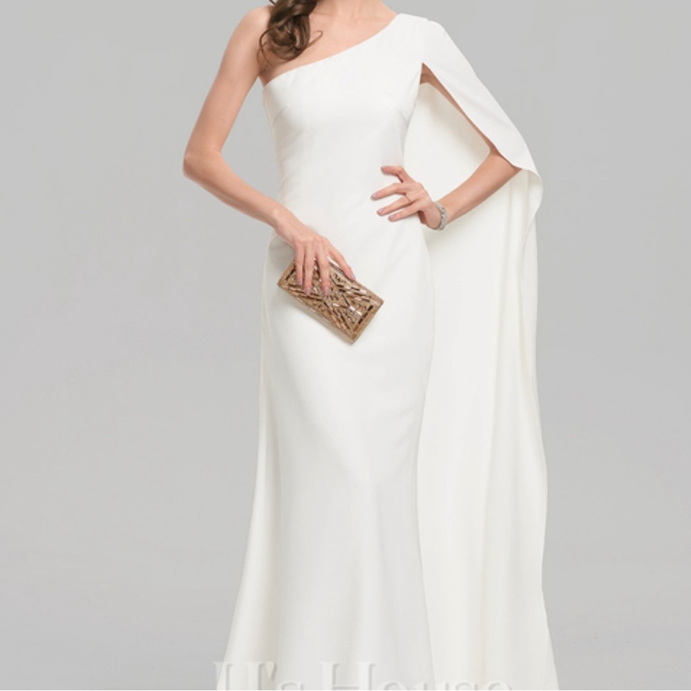 JJs House One-Shoulder White Evening Gown with Cape Sleeve